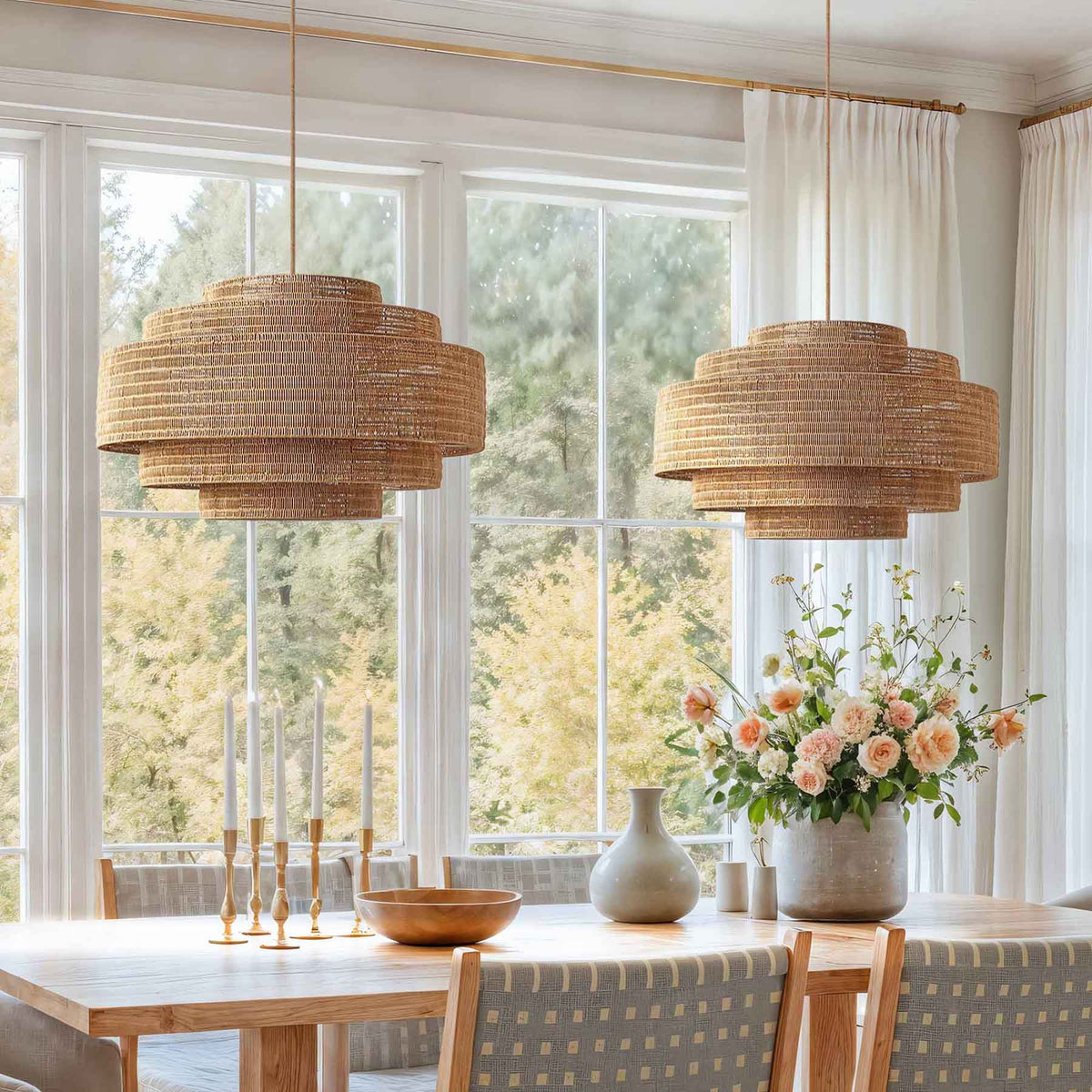 Détail de la suspension Starry en rotin au-dessus d'une table à manger